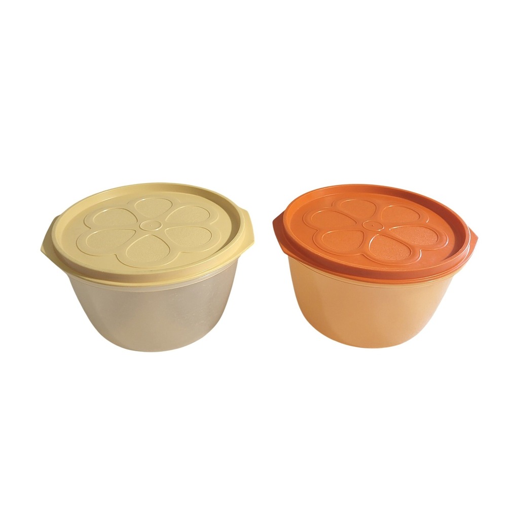 2 pc Vintage Rubbermaid Daisy 6 CUP Storage Container J-3216 Orange Cream Lot